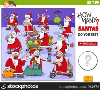 Illustration of educational counting game for children with cartoon Santa Claus characters on Christmas time