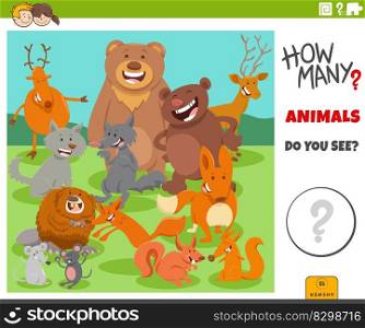 Illustration of educational counting game for children with cartoon wild animal characters group