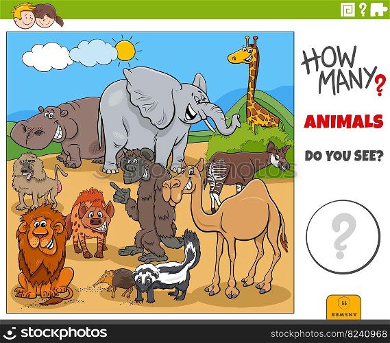 Illustration of educational counting game for children with cartoon wild animals characters group