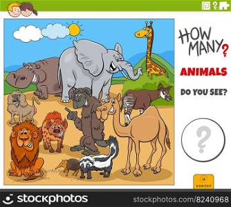 Illustration of educational counting game for children with cartoon wild animals characters group