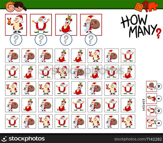 Illustration of Educational Counting Game for Children with Funny Santa Claus Cartoon Christmas Characters