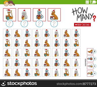 Illustration of educational counting game with cartoon animals characters with Christmas gifts