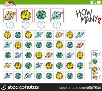 Illustration of educational counting game with cartoon planets characters