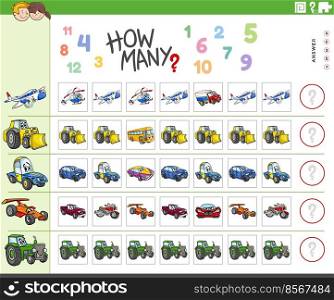 Illustration of educational counting game with cartoon vehicles characters