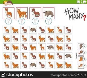Illustration of educational counting game with cartoon wild animal characters