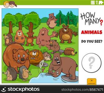 Illustration of educational counting game with cartoon wild animal characters group
