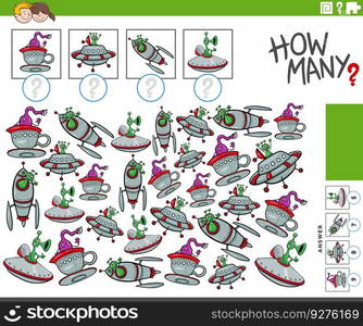 Illustration of educational counting game with funny cartoon alien characters with ufo