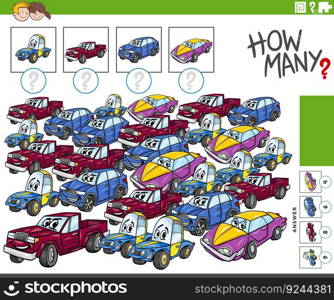 Illustration of educational counting game with funny cartoon cars characters