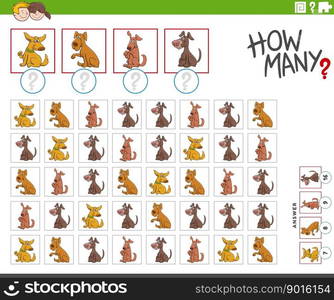 Illustration of educational counting game with funny cartoon dogs animal characters