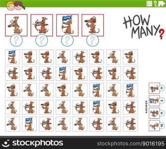 Illustration of educational counting game with funny cartoon dogs animal characters