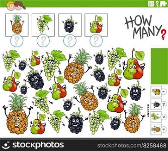 Illustration of educational counting game with funny cartoon fruit food objects characters