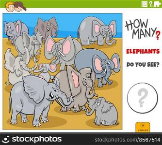 Illustration of educational counting task for children with cartoon elephants wild animal characters group
