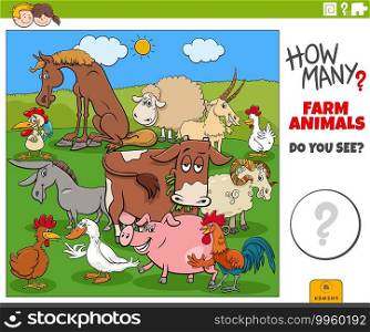 Illustration of educational counting task for children with cartoon farm animal characters group