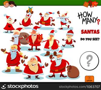 Illustration of Educational Counting Task for Children with Cartoon Happy Santa Claus Characters on Christmas Time