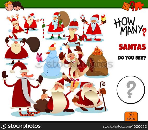 Illustration of Educational Counting Task for Children with Cartoon Happy Santa Claus Characters