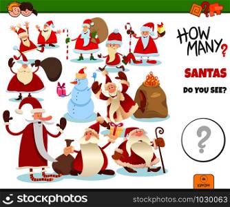 Illustration of Educational Counting Task for Children with Cartoon Happy Santa Claus Characters