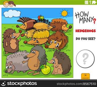Illustration of educational counting task for children with cartoon hedgehogs animal characters group