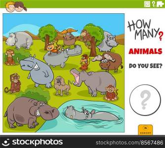 Illustration of educational counting task for children with cartoon wild animal characters group