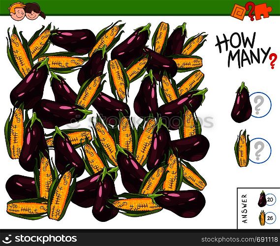 Illustration of Educational Counting Task for Children with Eggplants and Corns on the Cobs