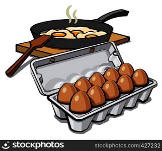 illustration of eggs packaging and cooking fried eggs. eggs packaging