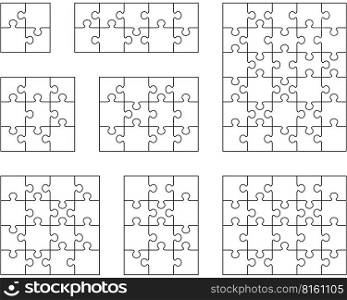 Illustration of eight different white puzzles, separate pieces 
