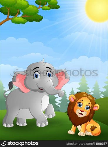 illustration of Elephant and lion cartoon in the jungle