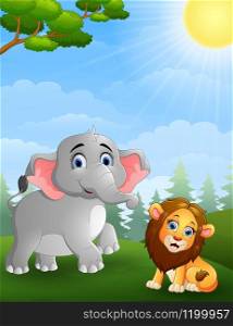 illustration of Elephant and lion cartoon in the jungle