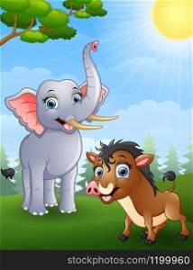 illustration of Elephant and wild boar cartoon in the jungle