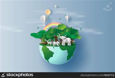 illustration of elephants in forest,Creative Origami design world environment and earth day paper cut and craft concept.Landscape Wildlife animal with Deer in nature by rainbow and balloons.vector.