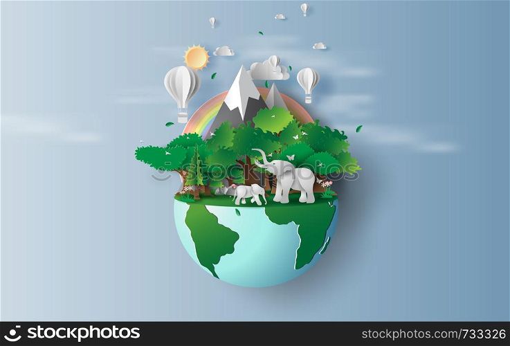illustration of elephants in green trees forest,Creative Origami design world environment and earth day concept.Landscape Wildlife with Deer in green nature plant by rainbow,balloons.paper cut,craft