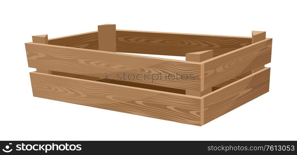 Illustration of empty wooden box for vegetables. Agricultural farm item. Isolated packaging.. Illustration of empty wooden box for vegetables.