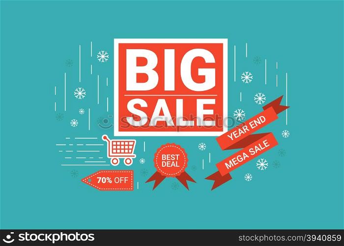 Illustration of End of year big sale label flat design concept with icons elements