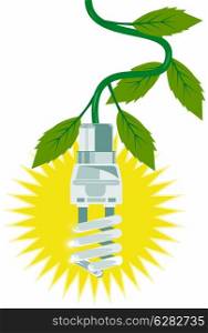 Illustration of energy saver lightbulb with leaves wire done in retro style. . Lightbulb with Leaves
