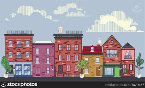 Illustration of facades of retro houses, town or old city street.