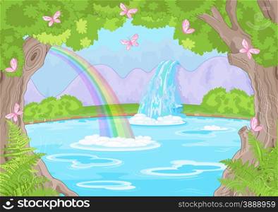 Illustration of fairy landscape with Fabulous Waterfall