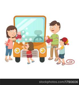 illustration of family washing their car
