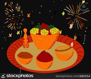 Illustration of famous diwali food plate background for Indian Sun festival. Flat cartoon style. Vector illustration.. Illustration of famous diwali food plate background for Indian Sun festival.