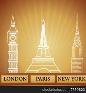 illustration of famous monuments of london, new york and paris