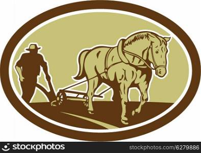 Illustration of farmer and horse plowing farmer field viewed from front set inside oval shape done in retro woodcut style on isolated background.. Horse and Farmer Plowing Farm Oval Retro