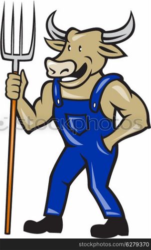 Illustration of farmer cow bull facing front laughing holding a pitch fork facing side done in cartoon style.. Farmer Cow Holding Pitchfork Cartoon