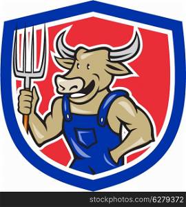 Illustration of farmer cow bull facing front laughing holding a pitch fork inside crest shield done in cartoon style.. Farmer Cow Holding Pitchfork Shield Cartoon