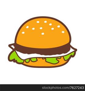 Illustration of fast food hamburger. Tasty fastfood lunch product icon.. Illustration of fast food hamburger.