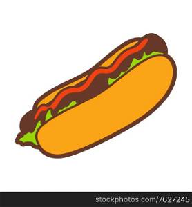 Illustration of fast food hot dog. Tasty fastfood lunch product icon.. Illustration of fast food hot dog.