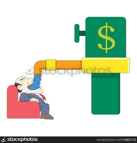 illustration of fat rich man enjoying unlimited flow of financial funds. vector design illustration art