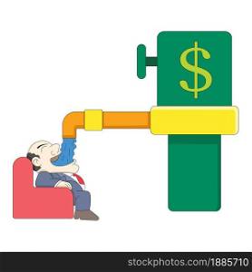 illustration of fat rich man enjoying unlimited flow of financial funds. vector design illustration art