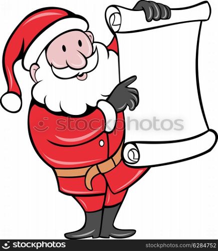 illustration of Father Christmas Santa Claus standing with paper scroll list on isolated background done in cartoon style. Santa Claus holding scroll list