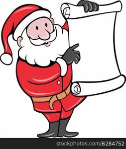 illustration of Father Christmas Santa Claus standing with paper scroll list on isolated background done in cartoon style. Santa Claus holding scroll list