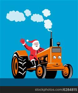 illustration of Father Christmas Santa Claus waving and riding driving a tractor on isolated background done in retro style. . Santa Claus Driving Tractor