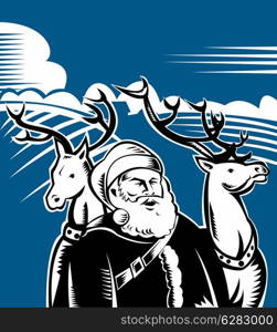illustration of Father Christmas Santa Claus with reindeer and farm field background done in retro style. Father Christmas Santa Claus with reindeer