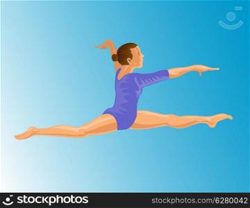 Illustration of female gymnast jumping splits on air side view done in retro style. . Gymnast Jumping Split